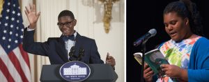 Left: André Massey, Jr., age 14, talks on behalf of the 2015 NAHYP Awardee, Young Author Project. Photo credit: Steven E. Purcell. Right: Ellexus Hicks reads from an anthology of students’ creative writing at a Deep Speaks event. Photo: Bill Durrence.